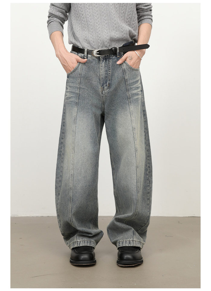 Quần jean nam ống rộng lưng giữa, dáng suông thẳng, denim mềm phong cách retro — màu xanh chi tiết 11