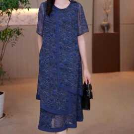 一件代发直播爆款夏季新款时尚韩版洋气印花短袖连衣裙宽松妈妈装