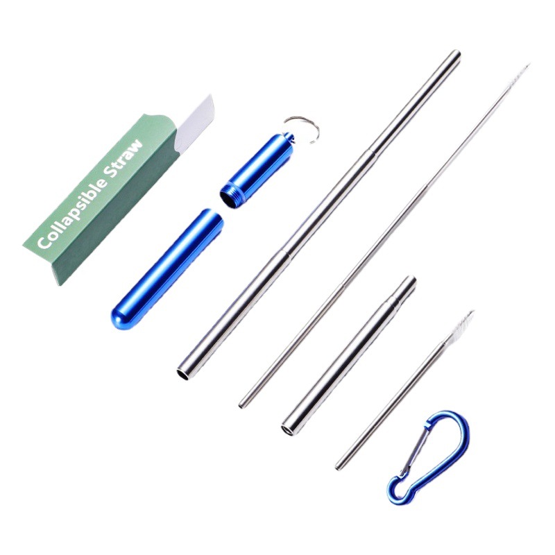 Erne 304 paja telescópica de acero inoxidable fondo redondo con mosquetón multicolor traje de cáscara de aluminio paja portátil transfronteriza