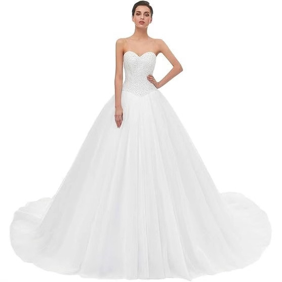 Foreign Trade Wedding Dress Cross-border Amazon White Strapless Long Small Trailing Wedding Dress Tutu Yarn Banquet Dress