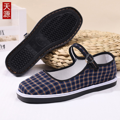 Old Beijing women's square mouth plaid cloth shoes one-line shallow mouth flat bottom handmade cotton cloth shoes thousand-layer bottom process 