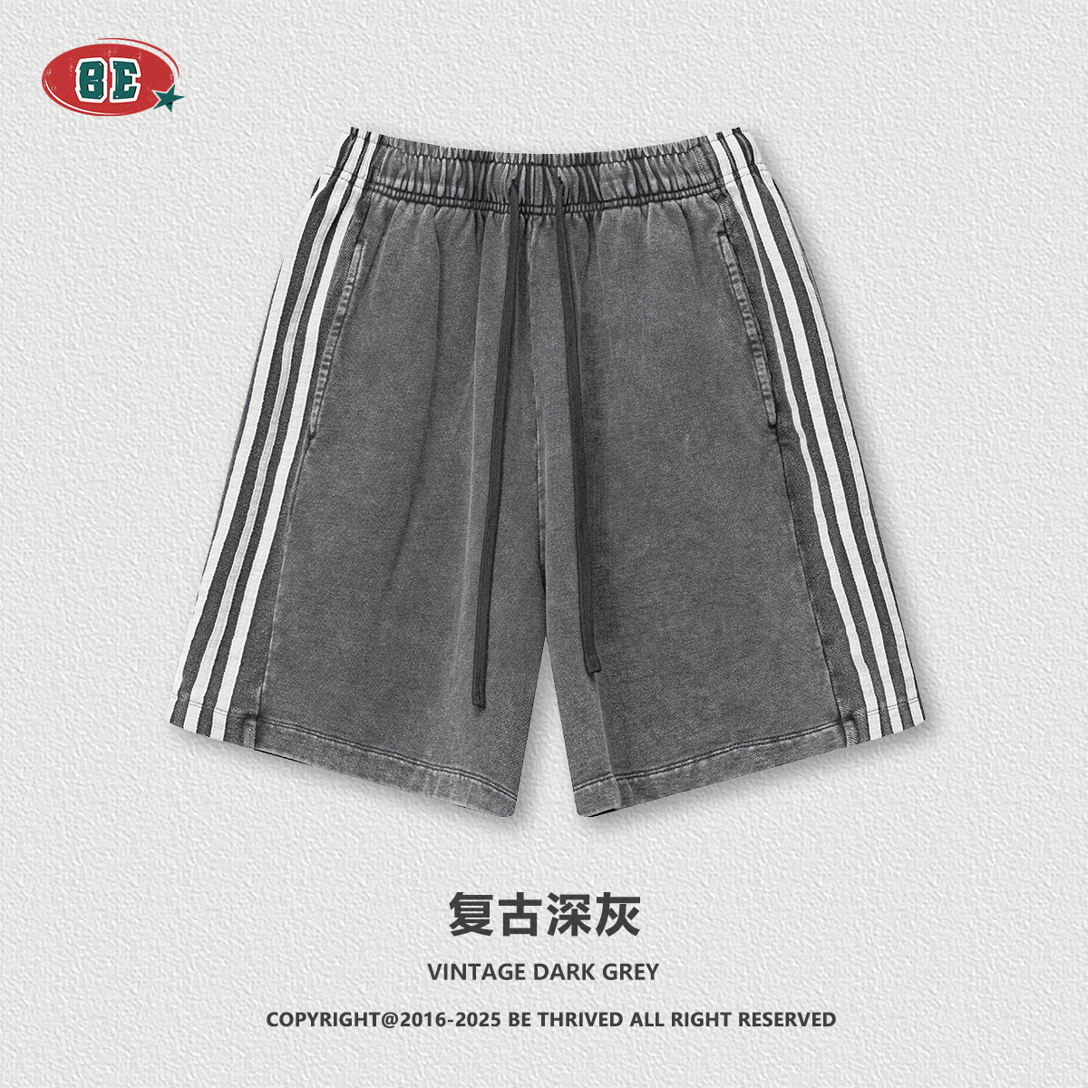 BE Men's Wear 2025 Summer Europa y Estados Unidos marca de moda lavado pantalones cortos casuales sueltos laterales de tres barras de gran tamaño pantalones de cinco puntos hombres