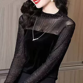 跨境拼接蕾丝网纱打底衫女春秋2026新款内搭上衣长袖T恤厂家直销