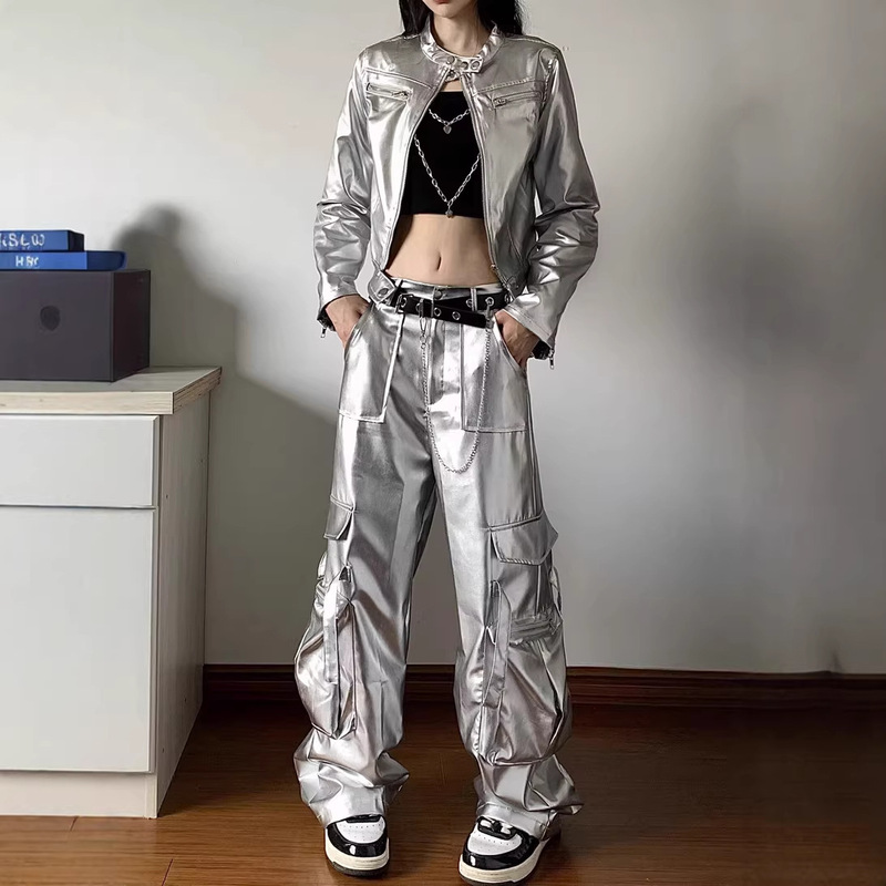 Hip-Hop Jazz Dance American-Style Silver Long-Sleeve Jacket, Hot Girl Leather Jacket, Cool Biker Jacket, Silver Pants Set