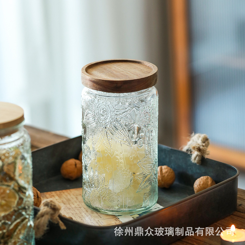 Estilo japonés retro vidrio sellado frasco Begonia patrón cocina hogar fruta seca snack multi-grano tarro de almacenamiento al por mayor
