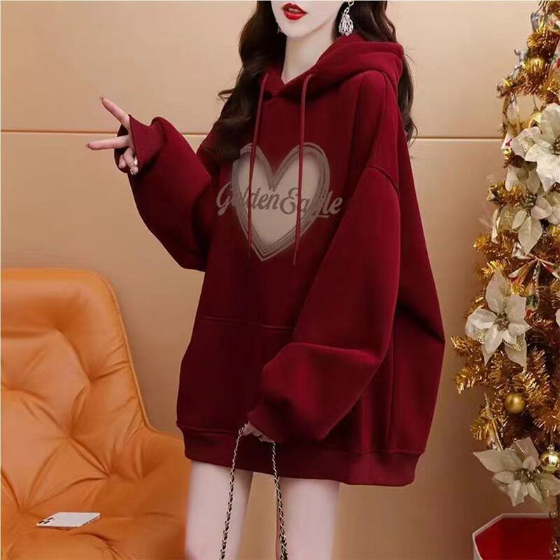 Burgundy Hooded Trendy Printed Student Sweatshirt Autumn and Winter New Style Lazy Style Loose Pullover Top Burgundy Hooded Trendy Printed Student Sweatshirt Autumn and Winter New Style Lazy Style Loose Pullover Top