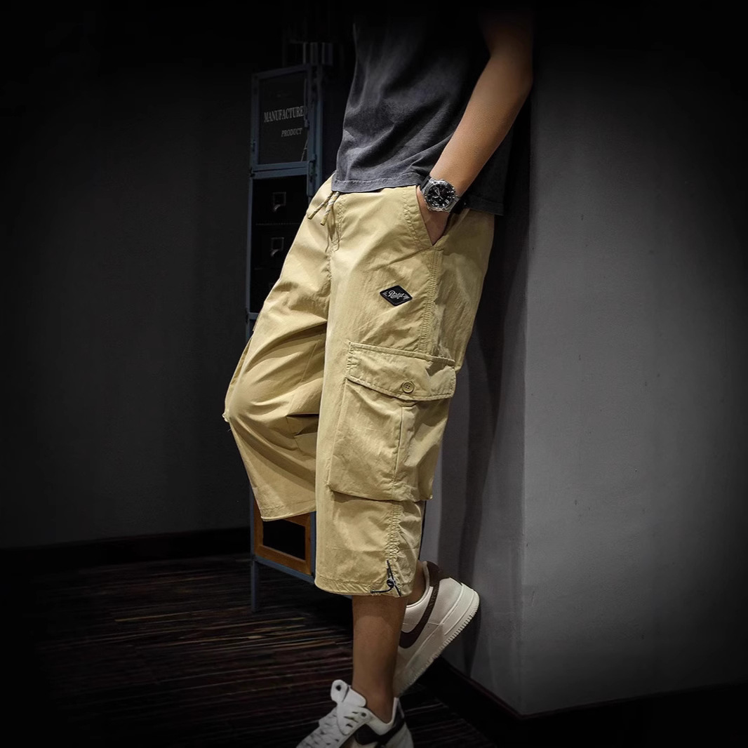 American Retro Trendy Brand Cropped Cargo Shorts for Men, Loose Fit, Plus Size, Straight-Leg, Summer Thin Quick-Dry Casual Pants