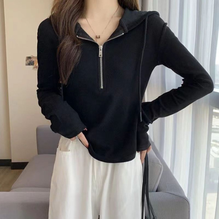 连帽卫衣女长袖t恤2025秋冬季新款大码胖mm设计感小众半拉链上衣|undefined