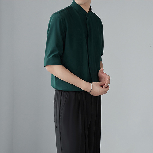 New Chinese-style stand-neck mid-sleeve shirt for men in early spring new niche shirt with ice silk hanging mid-sleeve shirt white