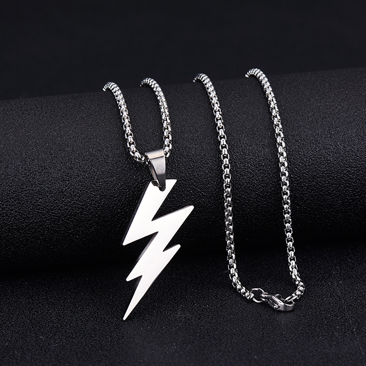 New men's titanium steel lightning pendant necklace trendy hip-hop minimalist personality versatile hoodie sweater chain_voghion.com