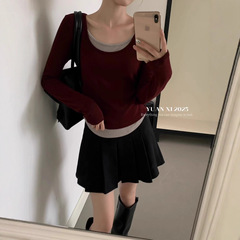 小众设计感个性撞色假两件修身羊绒打底衫女早秋新款韩版气质显瘦