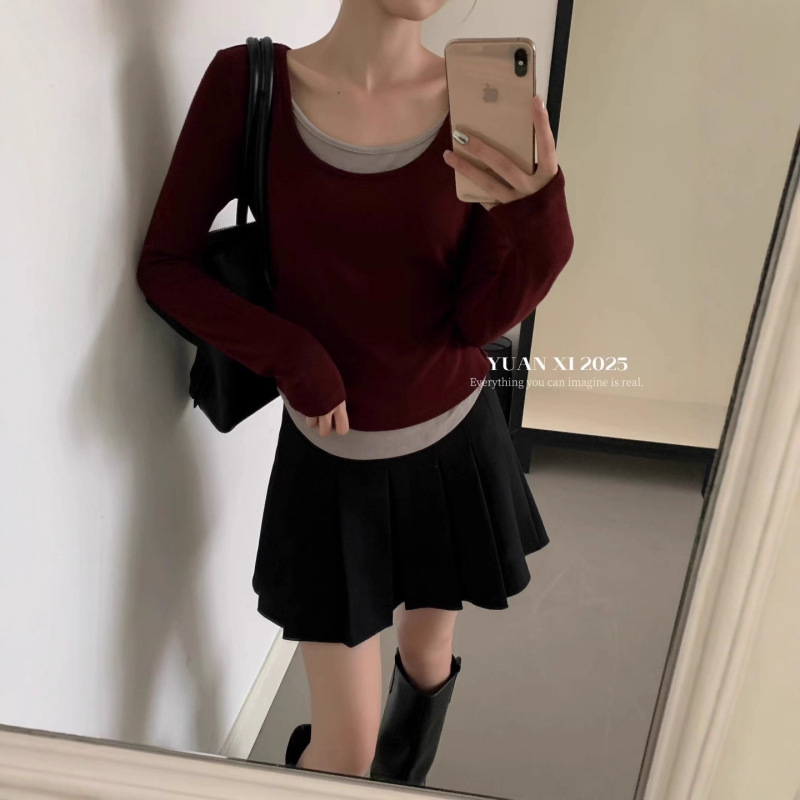 小众设计感个性撞色假两件修身羊绒打底衫女早秋新款韩版气质显瘦|undefined