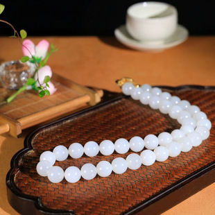 Hetian Jade White Jade Pearls Round Jade Run Necklace Beads Beads Fall on Jade Plate Guan Ying Language Flower Bottom Sliding Life Good Time