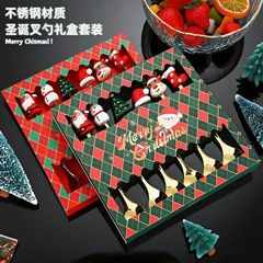 跨境不锈钢圣诞勺叉创意礼品餐具咖啡搅拌勺水果叉圣诞节礼盒套装