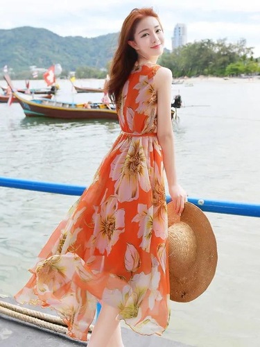 Summer chiffon maxi dress Bohemian dress women's long style fairy-like super-fairy sweet beach dress seaside vacation