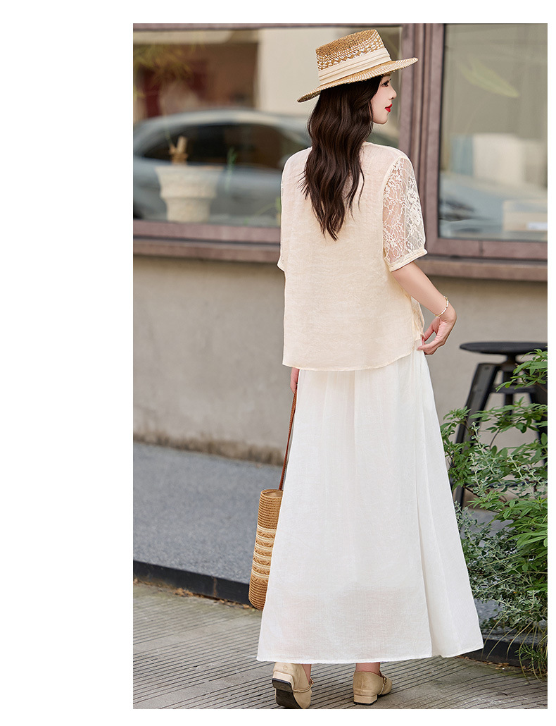 Bộ đầm tân cổ điển nữ hai mảnh áo phối chân váy midi thắt eo — Màu hồng, màu trắng ngà chi tiết 8