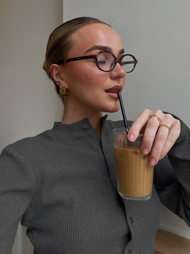 Bộ đồ dệt kim nữ sọc gân dài tay gồm áo cardigan cổ bán cao cài nút và quần dài — Màu nâu, Màu trắng ngà, Màu xám đậm chi tiết 19