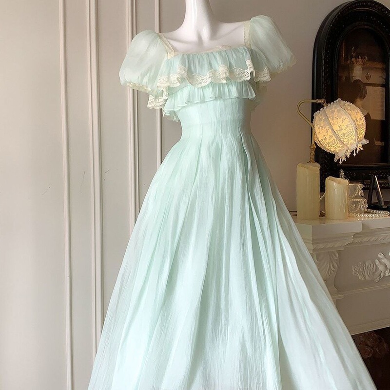 【Mint Lime】French-Style Fresh and Youthful Square-Neck Long Dress, High-Waisted A-Line Dress That Flatters Slightly Plump Figures