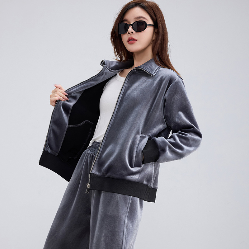 金丝绒开衫加高立领直筒裤两件套女2025秋季新款加绒加厚休闲套装|undefined