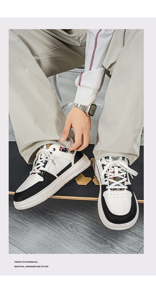 Giày sneaker cổ thấp mũi tròn rộng, đế dày tăng chiều cao, mặt da chống nước, dây buộc — Bạch tửu đỏ 8811, Trắng kaki 8811, Trắng đen 8811 chi tiết 9