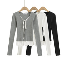 假两件蕾丝拼接系带针织衫女2025秋季新款韩系辣妹风显瘦长袖毛衣