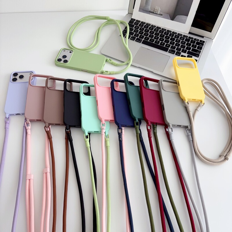 Simple Macaron Crossbody Lanyard Phone Case Suitable for Apple, Full-Cover Anti-Drop iPhone 16 Solid Color Protective Case