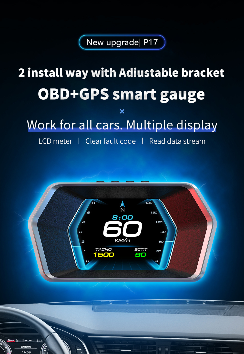 Cross-border HUD Head-Up Display OBD+GPS Car LCD Speedometer RPM Fuel Consumption Water Temperature Multi-Function Dashboard