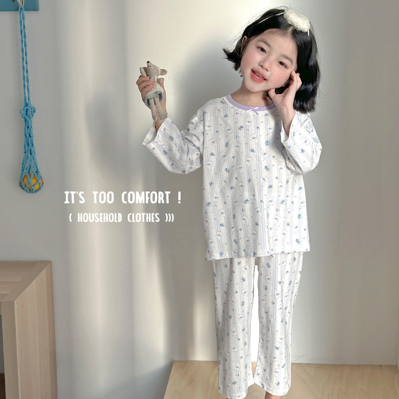 Black Bear Round Neck Cartoon All-over Print Modal Cotton Class A Children's Homewear Loose Long-Sleeved Pants Pajamas Thin Style