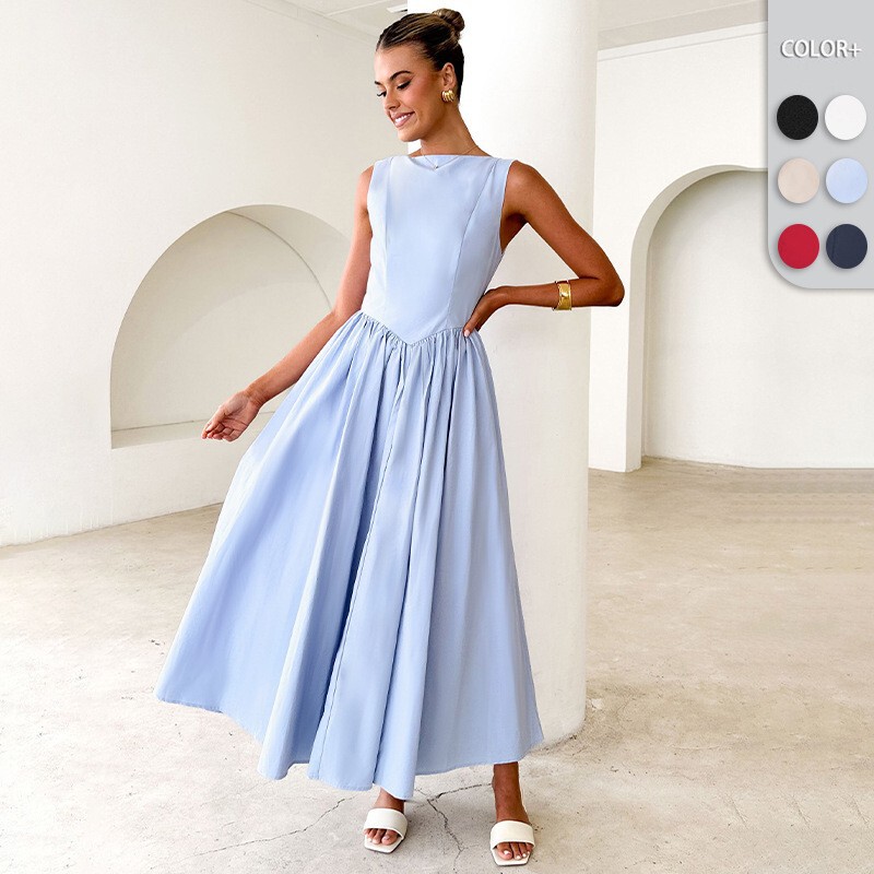Wish Cross-Border Popular Fashion Elegant Pure Color Sleeveless Pleated Dress European and American Women's Elegant and Exquisite Long Skirt