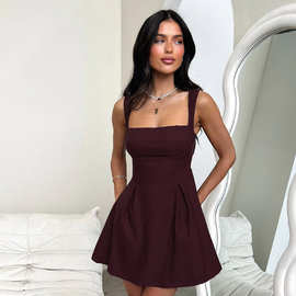 欧美女装2025夏季新款日常休闲时尚纯色吊带修身百褶裙高腰连衣裙