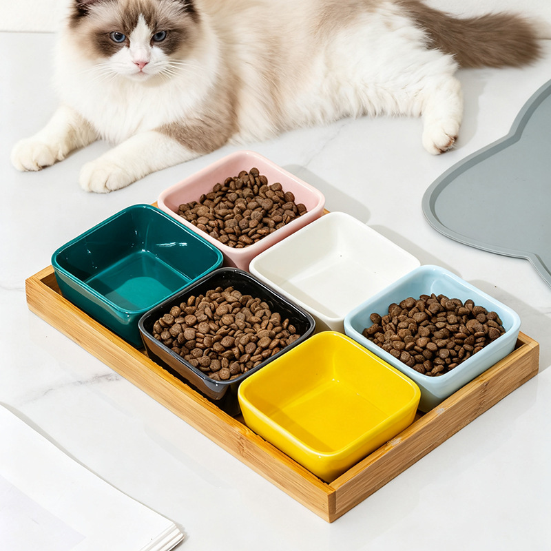 Tazón de mascotas de cerámica de hámster, tazón para gatos, tazón para perros, bandeja de madera, tazón para perros, protector de cuello, tazón para alimentos para gatos, anti-derribado