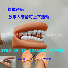 幼稚園の皮膚の大きい口の手の人形は歯の模型を磨きます。