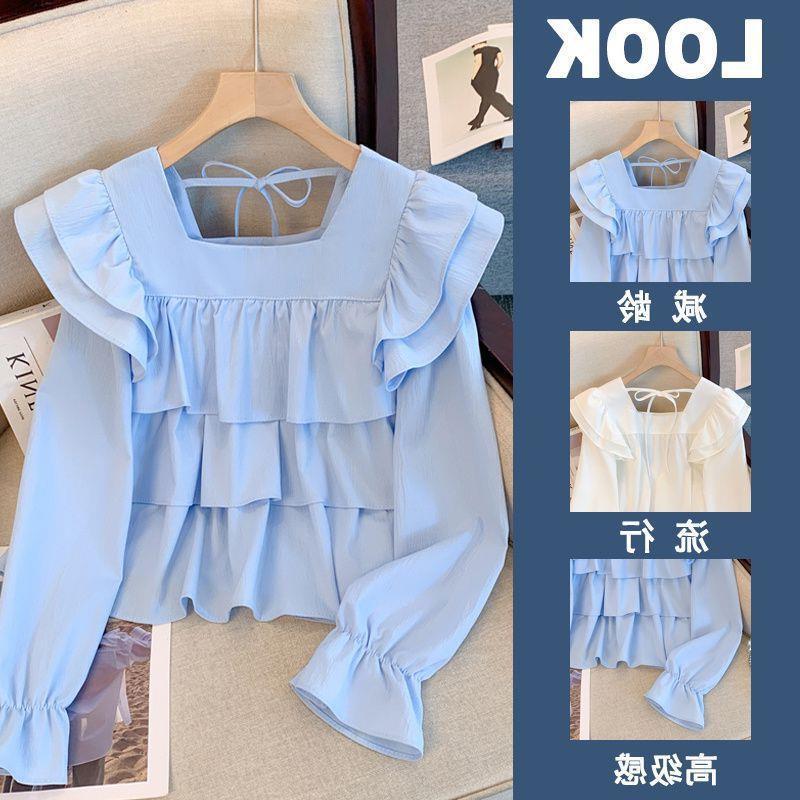 Korean Style Fresh Style Design Square Collar Ruffled Long Sleeve Shirt Women's 2024 Autumn New Elegant All-match Top