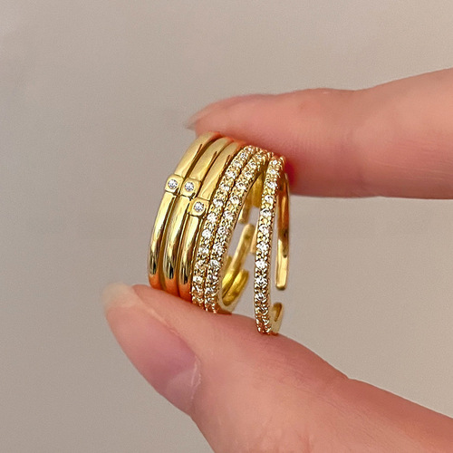 Gold micro-paved zircon simple plain ring open ring two-piece set women's fashion versatile index finger ring high-end