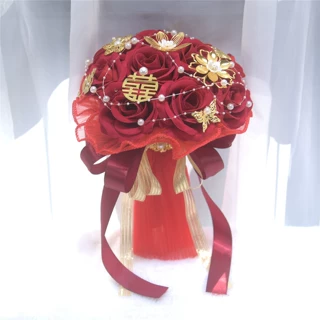 269新娘出嫁手捧花秀禾服搭配新中式婚礼结婚手捧花仿真玫瑰花球