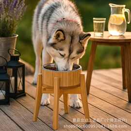 跨境现货竹木大型犬喂食架护脊椎木质高脚狗食盆可拆卸狗碗架
