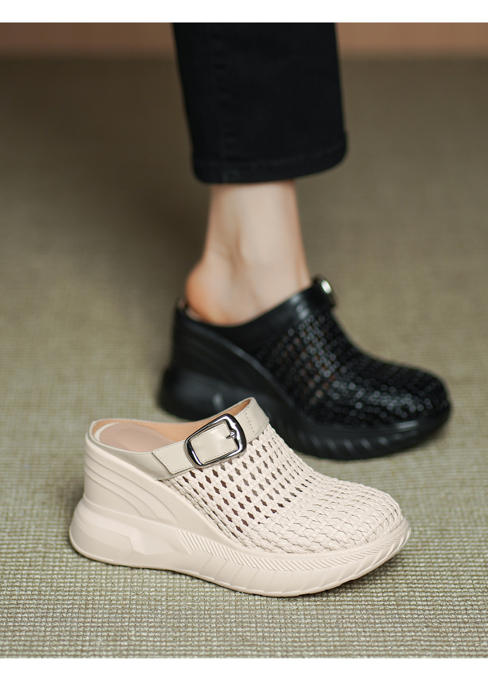 Sandal cao gót nữ mũi hở đế xuồng 8.5cm da thật kiểu La Mã đan lưới — màu đen, màu mơ chi tiết 1