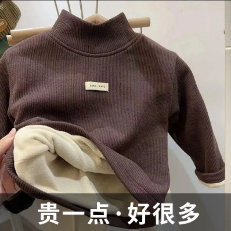 Cross-border children's clothing, long-sleeved, fleece-lined, extra-thick ribbed base layer T-shirt, warm, high neck.
