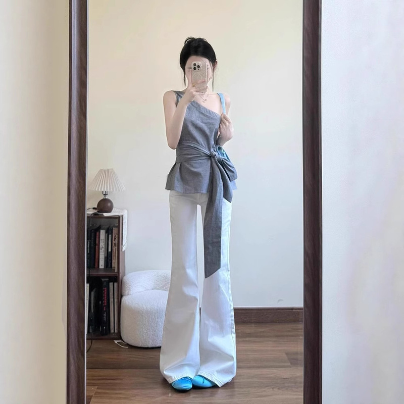 2026 New Summer White Denim Jeans for Women, Off-Shoulder Top, Slimming High-Waisted Loose Fit, Non-Tight Straight-Leg Flared Pants