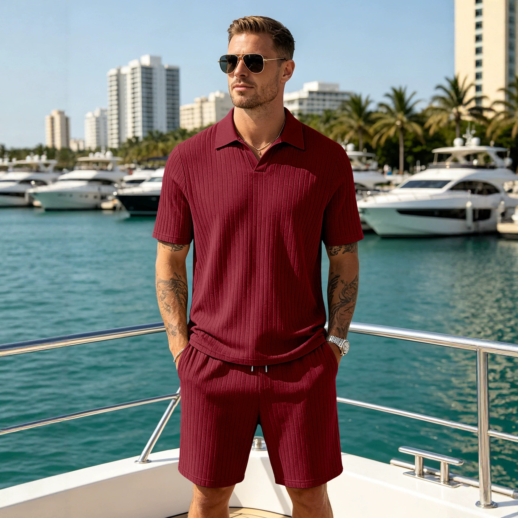 Nuevo transfronterizo de Europa y Estados Unidos para hombres verano nuevo tipo de piel transpirable tela jacquard rectas con solapa juego deportivo casual