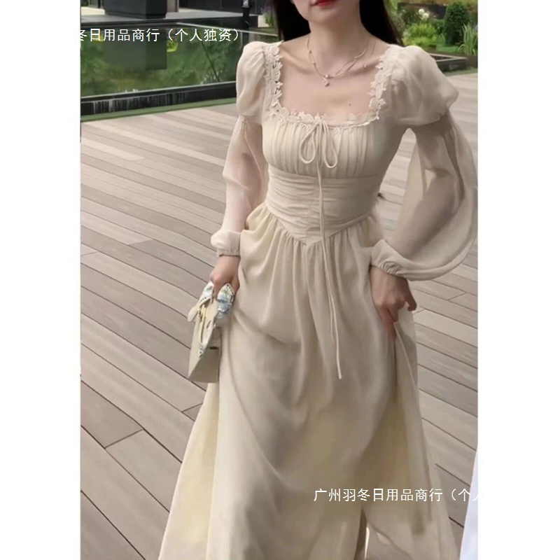 Абрикосовое платье с квадратным вырезом для женщин 2025 весна супер фея развевающееся французское мини-платье с завышенной талией короткая юбка