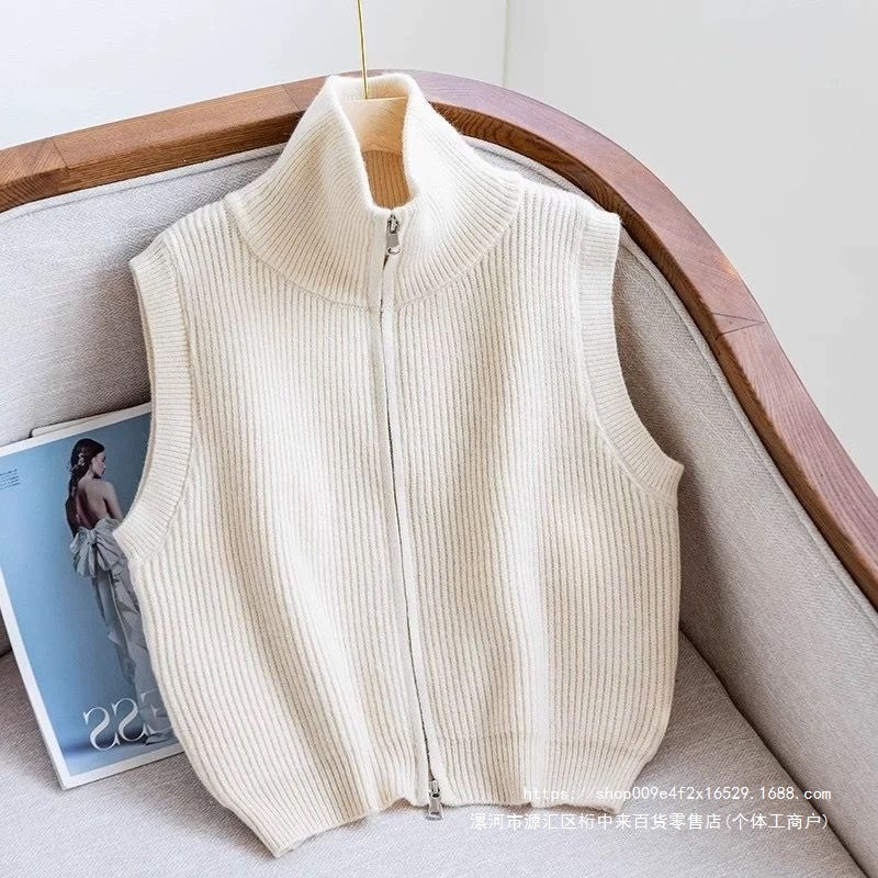 Comfortable and simple high-neck double-zip knitted vest, new autumn style, elegant, versatile, slimming base layer, tank top.