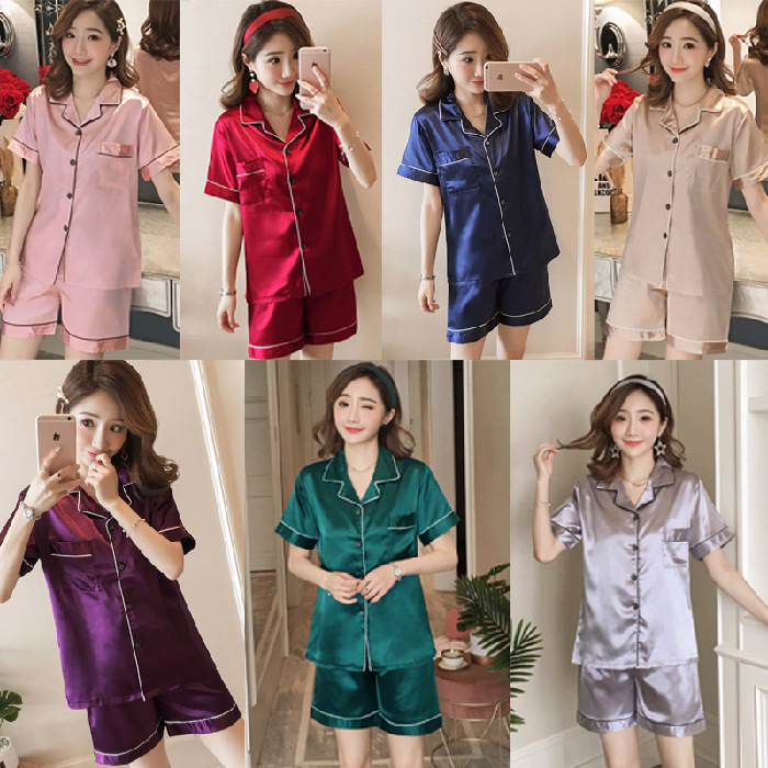 Trade Hot Pajamas2025 Pajamas Women Summer Double Imitation Silk Pure Color Home Clothes Factory Direct Sale