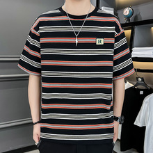 2022夏季新款条纹徽章圆领T恤男士 韩版宽松青年休闲个性短袖衫潮