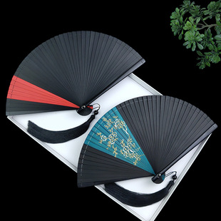 All-Bamboo Folding Fan, Ancient Fan, Chinese Style Female Classical Compact Dance Fan, Black Bone Clip, Summer Portable Folding Fan