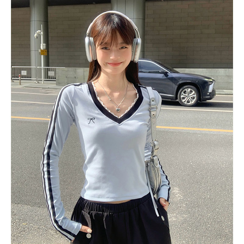 Lace Bow V-Neck Long-Sleeved T-Shirt Women's Autumn Short Slim-Fit Top light blue