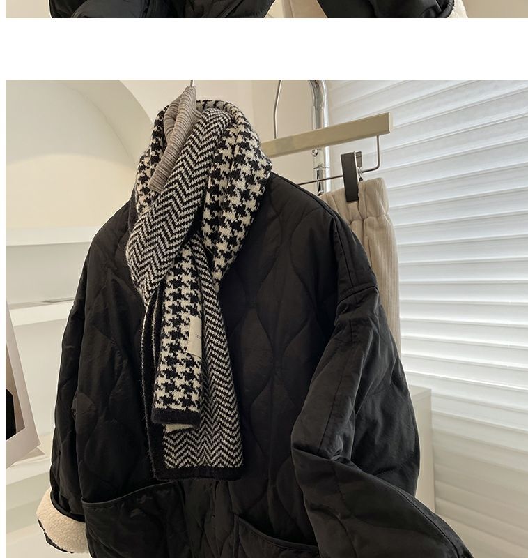 Collarless lamb wool splicing light and thin winter Korean version loose small fragrant dia plaid warm cotton jacket_voghion.com