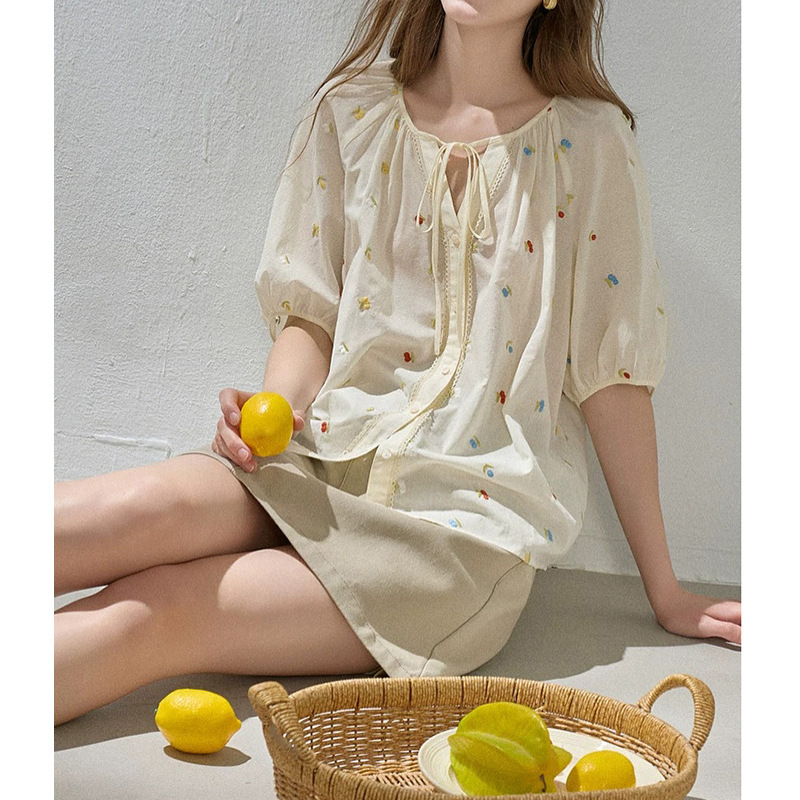 2026 New Summer Embroidered Blouse Round Neck Tie Shirt with Mid-Sleeves D412Hm10Mc10 2026 New Summer Embroidered Blouse Round Neck Tie Shirt with Mid-Sleeves D412Hm10Mc10