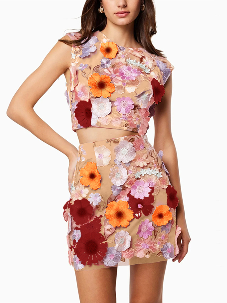 Vestido de primavera 2026 falda femenina de alta costura bordada con flores de gancho sin mangas blusa corta envuelta en caderas y vestido de medio cuerpo conjunto de dos piezas