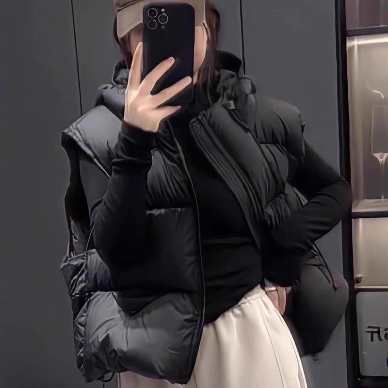 短款连帽仿羽绒棉服马甲女装冬季新款小个子外穿百搭背心坎肩外套